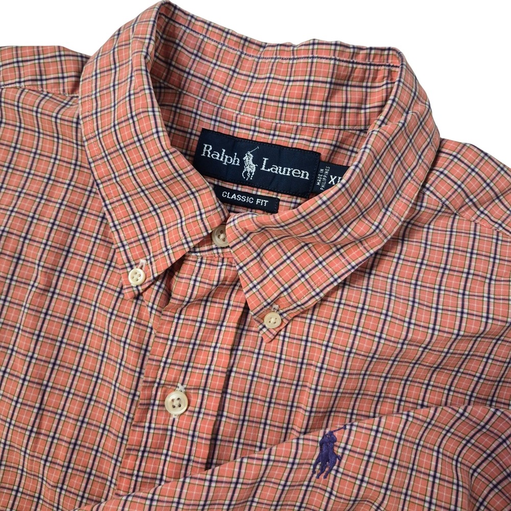 Ralph Lauren Button Down Shirt Mens XL Orange Plaid‎ Classic Fit SS Pony Preppy